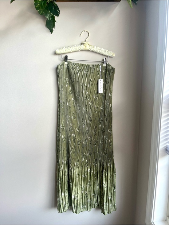 Petal & Pup Dresses & Skirts - Petal & Pup Olive Green Floral Pleated Midi Dress with White Print